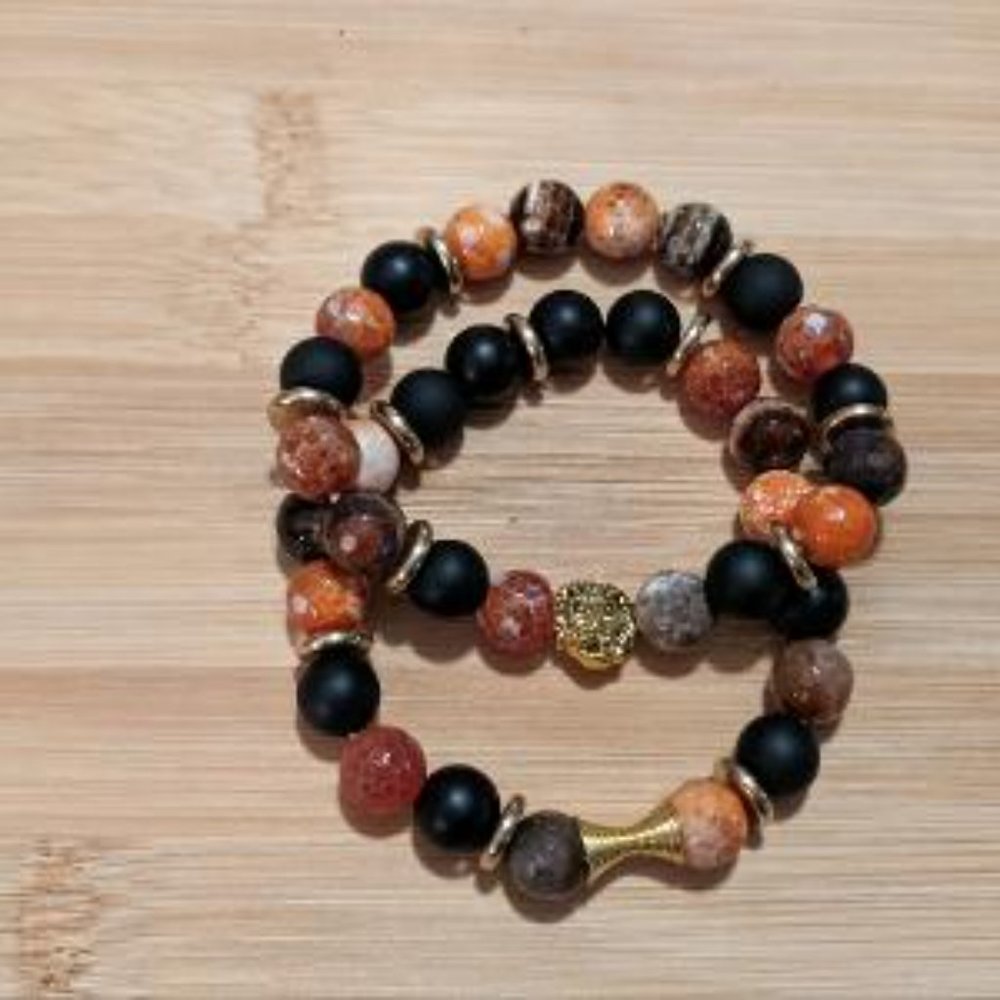 Men's Fire Lace Orange Agate Bracelet Set--"Lion" Set